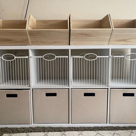 Cubicle Toy Storage, Cubby Toy Storage, Hallway Cube Storage, Diy Toy Bin Storage, Play Closet Organization, Storage Cubes Playroom, Toy Shelf Organization Playroom, Toy Storage Shelf With Bins, Diy Toy Room Storage