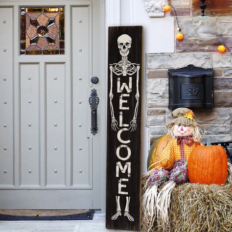 PRICES MAY VARY. Halloween porch Sign: The Halloween Skeleton Porch Sign features a halloween themed design that exudes a strong holiday spirit, adding a spooky touch to your décor. With its eerie design, it's sure to scare away even the bravest of trick-or-treaters. Premium Material: This Halloween porch sign is made of high-quality wood board, Halloween welcome sign, fine workmanship, non-toxic, not easy to fade or break for indoor or outdoor use or can hang wherever you want to hang.If it is Fall Signs Wooden Porch, Standing Welcome Sign, Porch Halloween Decorations, Fall Porch Signs, Glowforge Aura, All Season Porch, Halloween Welcome Sign, Holiday Boards, Porch Art