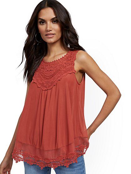 Women’s Blouses - Work Blouses & More | New York & Company Blouses Work, Mesh Tank Top, Work Blouses, Crochet Trim, Work Blouse, Petite Fashion, Summer Sun, Fabric Care, Tank Top Fashion