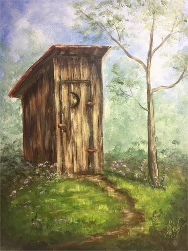 outhouse in moonlight Outhouse Pictures Rustic, Outhouse Artwork, Outhouse Pictures, Outhouse Paintings, Outhouses Pictures, Farm Scene Painting, Country Watercolor, Penny Art, Cake Mom