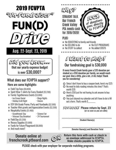 French Creek Elementary School on Twitter: "Dear FC Community, Our PTA is sponsoring an “Un-Fundraiser” to reduce the need for fundraisers throughout the school year. Please consider helping us to reach our $30,000 goal! Visit https://t.co/41qtAuor9d. 🌟#WhatMakesFCSpecial https://t.co/14GvXUUtBd" / X Club Fundraising Ideas High School, Project Graduation Fundraisers, School Fundraiser Themes, Middle School Fundraising Ideas, School Fundraising Ideas Elementary, School Council Ideas, Student Council Fundraising Ideas, School Fundraiser Ideas, Middle School Fundraisers