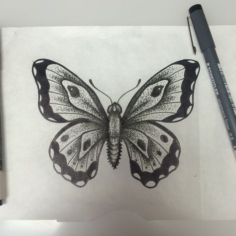 tattoo design of butterfly black dot work pointillism Stippling Tattoo, Dotted Drawings, Drawing Designs, Hand Drawings, Charcoal Art, Desenho Tattoo, Gcse Art, Neo Traditional, Sketch Painting