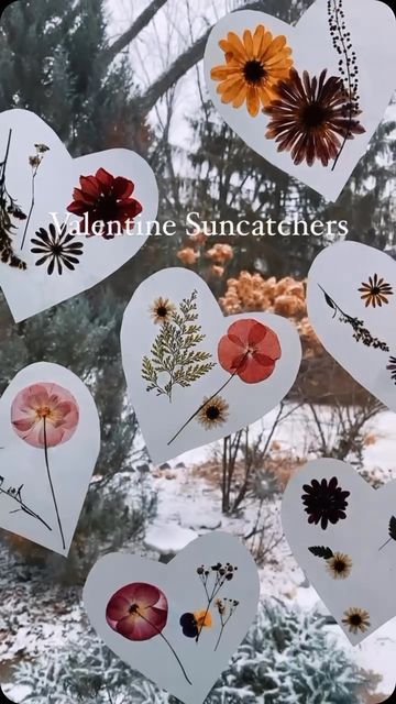 Valentines Sun Catcher Craft, Wax Paper Flowers, Pressed Flower Valentines, Pressed Flower Heart, Valentine Nature Crafts, Nature Valentines Crafts, Valentine’s Day Homeschool, Homeschool Valentines Day Ideas, Natural Valentines Decor