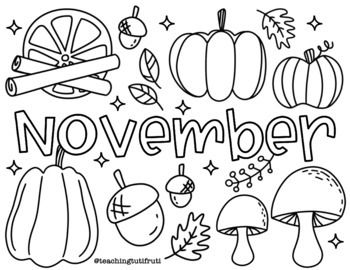 November coloring page ENGLISH and SPANISHFor printing and digital use PERSONAL USE ONLY November Coloring Pages, Homeschool Art Curriculum, Calendar Doodles, Fall Coloring Sheets, November Colors, Toddler Drawing, Teachers Thanksgiving, November Crafts, Kids Worksheets Preschool