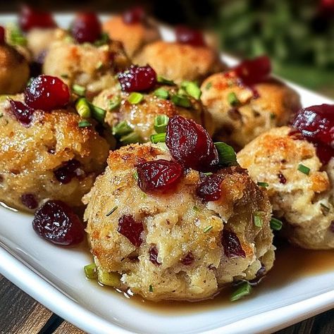 recipes quickie | Cranberry & Turkey Stuffing Balls | Facebook Stuffing Balls Recipe, Cranberry Stuffing, Cranberry Turkey, Stuffing Balls, Turkey Stuffing, Thanksgiving Appetizers, Stuffing Recipes, Thanksgiving Sides, Balls Recipe