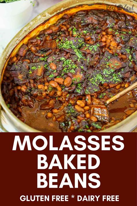 Molasses Baked Beans with Bacon Sweet and smokey gluten-free baked beans with molasses and bacon is your new favorite BBQ side dish. Not overly sweet with the perfect amount of tang. Gluten Free Baked Beans, Recipe With Molasses, Baked Beans With Hamburger, Molasses Baked Beans, The Best Baked Beans, Baked Beans From Scratch, Summer Potluck Recipes, Vegetarian Baked Beans, Canned Baked Beans