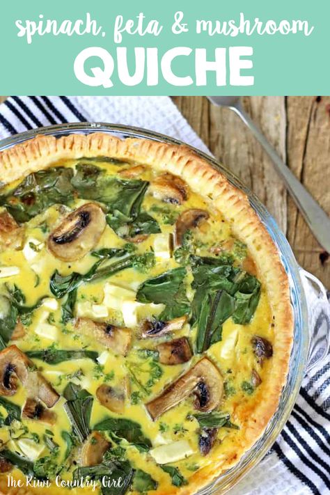 This easy cheesy spinach, mushroom & feta quiche is perfect for breakfast, lunch or an easy dinner! With a homemade pie crust, it will be the star of the show! #thekiwicountrygirl #quiche #brunch #easydinner #pastry Mushroom Feta Quiche, Filet Mignon Chorizo, Feta Quiche, Spinach Quiche Recipes, Mushroom Quiche, Cheesy Spinach, Spinach Mushroom, Quiche Recipe, Breakfast Quiche