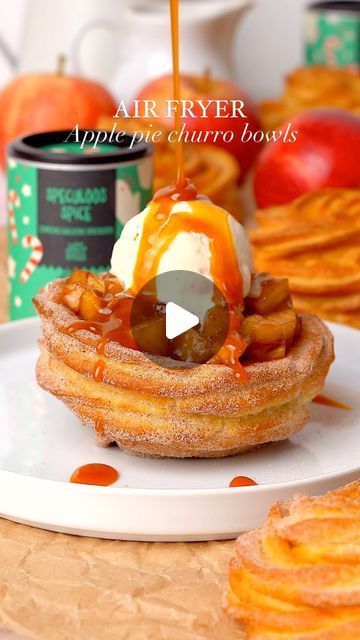 Ems Foodie Fix on Instagram: "Air Fryer Churro Apple Pie Bowls 🍎😍
 
If you love apple pie & churros this one is for you! I have teamed up with @justspices_uk to create the ultimate cosy Autumn dessert using their brand new Speculoos spice. AD
 
It’s limited edition so when it’s gone, it’s gone! You can use the code- Justemsfoodiefix to get £5 off when you spend £20
 
Recipe below ⬇️
 
Air Fryer Churro bowls (makes 6 bowls)
115g butter
2tbsp caster/granulated sugar
1 cup/ 225ml water
3 eggs (medium) 145g plain flour
 
Sugar & Speculoos spice sprinkle
1tbsp @justspices_uk Speculoos spice
6tbsp caster sugar
 
Apple pie filling 5 gala apples
4tbsp dark brown sugar 59ml / 1/4 cup water 1tsp cornstarch
1tbsp @justspices_uk Speculoos spice
 
Topping
Caramel sauce
Vanilla ice cream

Method in ca Caramel Apple Waffles, Spiced Apple Custard And Cake Pie, Salted Caramel Gelato Recipe, Pie Bowls, Churro Bowls, Colossal Caramel Apple Trifle, Luxurious Caramel Apple Cheesecake, Autumn Dessert, Dark Brown Sugar