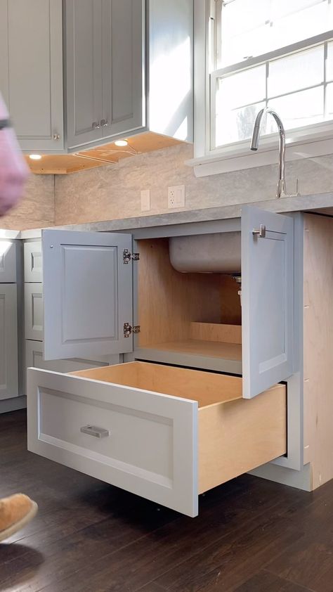 Collin Stewart | We’ve built quite a few sink cabinets with doors up top and a drawer below. Seems to utilize the space below the sink well.. What are your... | Instagram Drawers Under Kitchen Sink, Drip Rail Under Sink, Adding Drawers To Cabinets, Bathroom Cabinets Under Sink, Custom Kitchen Cabinets Ideas Built Ins, Kitchen Sink Drawer, Stove Side Cabinet, Kitchen Island Cabinet Sink And Dishwasher, Kitchen Sink Bump Out Cabinet