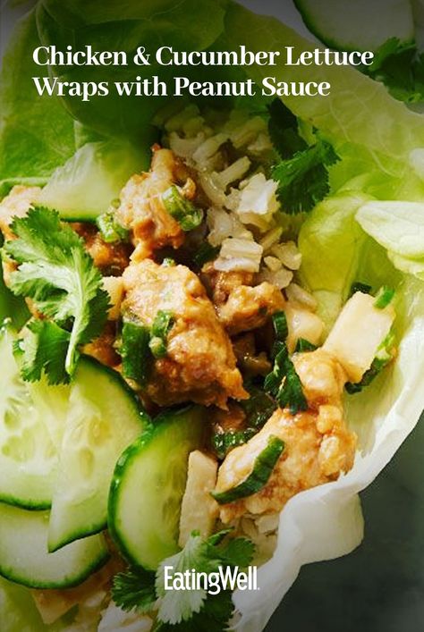 We love the crunch from sliced cucumber and jicama in these savory chicken lettuce wraps. Serve with the simple peanut sauce for an easy dinner recipe that will impress kids and adults alike. #healthyeating #healthyfoods #healthylifestyle #healthyrecipes Chicken And Cucumber Lettuce Wraps, Simple Peanut Sauce, Lettuce Wraps With Peanut Sauce, Peanut Butter Salad, Chicken Cucumber, Sliced Cucumber, Peanut Sauce Recipe, Easy Dinner Recipe, Chicken Lettuce Wraps