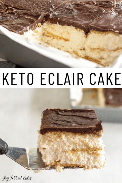 Keto Eclair Cake will satisfy your sweet tooth while still fitting into a low-carb diet. It's rich, has a creamy filling, and is topped with velvety smooth chocolate. This cool treat is the perfect dessert during the hot summer months! It's also gluten-free and grain-free too. Eclairs Dessert, Keto Cakes, Eclair Cake, Postre Keto, Low Carb Cake, Joy Filled Eats, Thm Desserts, Sugar Free Low Carb, Keto Cake