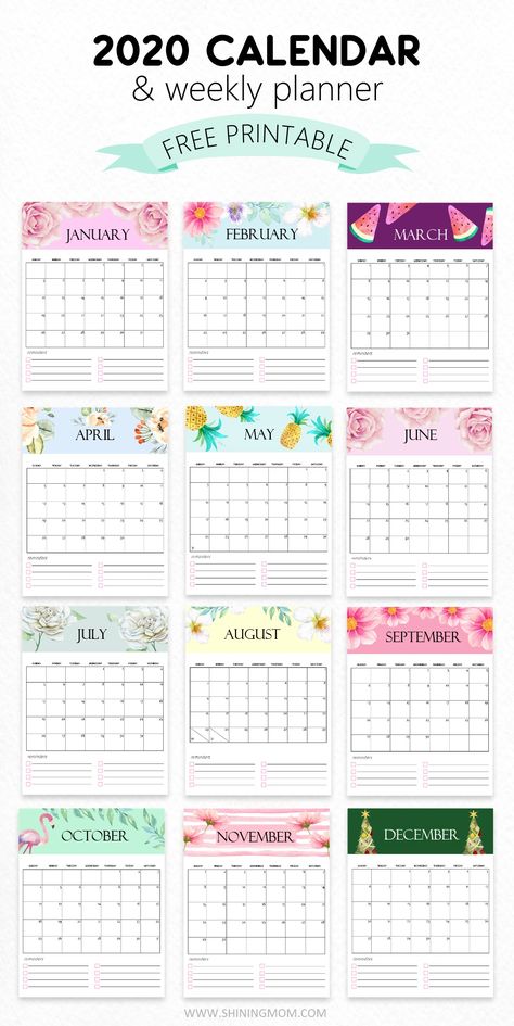 Plan a beautiful year with this free 2020 printable calendar in super cute monthly theme. Great to use to organize your goals, to-do's, meal plans and more. It's the must-print calendar for home, school and office. #2020 #calendar2020 #calendar #freeprintables #printable #shiningmomprintables Free Monthly Calendar, Printable Calendar 2020, Weekly Planner Free Printable, Weekly Planner Free, Weekly Calendar Planner, 2020 Calendar, Free Calendar, Printable Calendar Template, Calendar 2020