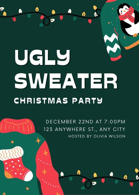 Hello ✨ Im happy to share with you a Free Ugly Sweater Christmas Party Template, you can clic on the link or check my Canva Creator profile https://www.canva.com/p/cristinaglz/ Ugly Christmas Sweater Party Invitations, Ugly Sweater Christmas Party, Halloween Party Bags, Christmas Party Invitation Template, Ugly Sweater Christmas, Holiday Christmas Party, Party Template, Christmas Party Invitation, Halloween Tags