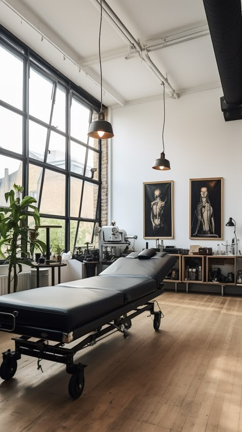 Industrial Tattoo Shop, Industrial Tattoo Studio, Minimalist Tattoo Studio, Tattoo Interior Design, Modern Tattoo Shop Interior, Microblading Room, Tattoo Studio Aesthetic, Aesthetics Salon, Practice Aesthetic