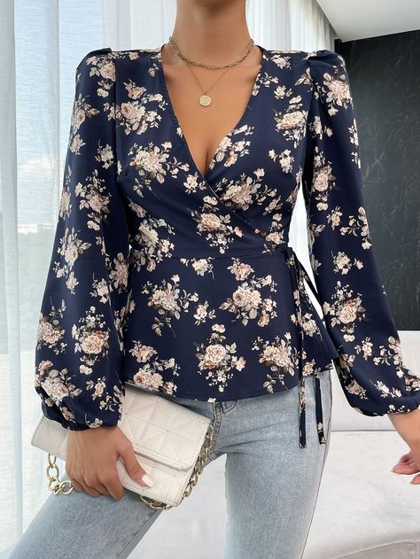 Multicolor Boho  Long Sleeve Polyester Floral All Over Print Peplum  Non-Stretch Spring/Fall Women Tops, Blouses & Tee Womens Pants Design, Sheer Floral Blouse, Cute Modest Outfits, Ladies Shirts, Classy Casual Outfits, Ladies Tops, Tops Fashion, Design Book, Womens Pants