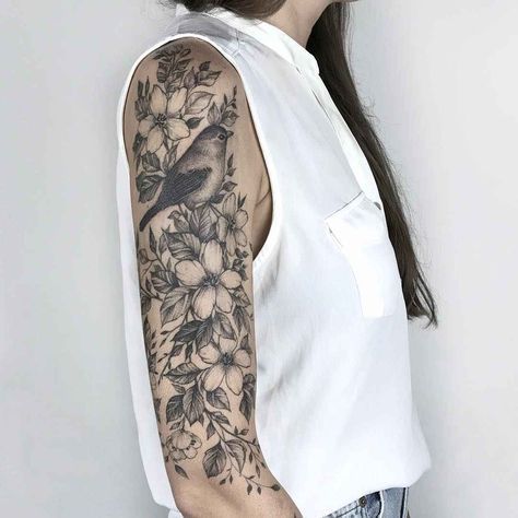 Nature Tattoo Sleeve Women, Bird Tattoo Sleeves, Bird Tattoos For Women, Nature Tattoo Sleeve, Black Bird Tattoo, Light Tattoo, Tattoo Trend, Small Leaves, Floral Tattoo Sleeve