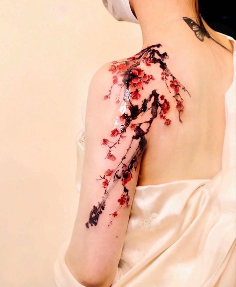 Cherry Blossom Tattoo Shoulder, Tato Naruto, Tatuaje Studio Ghibli, Tato Maori, Sakura Tattoo, Tato Minimal, Petit Tattoo, Back Of Neck Tattoo, 4 Tattoo