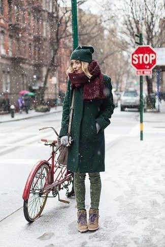 Women's Dark Green Beanie, Burgundy Knit Scarf, Dark Green Coat, Grey Wool Gloves, Brown Leather Crossbody Bag, Green Camouflage Skinny Jeans, and Tan Suede Wedge Sneakers Cozy Snow, Look Winter, Snow Falling, Cycle Chic, Mode Casual, Green Coat, Warm Coat, Mode Inspiration, Winter Looks