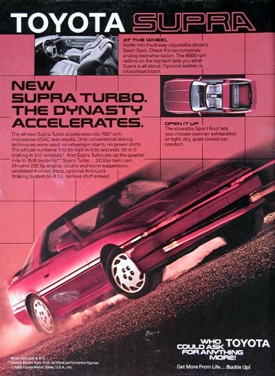 Toyota Supra, MkIII, A70, 3000cc Turbo 230 bhp, 1987 1987 Toyota Supra, Automotive Magazine, Mk3 Supra, Supra Turbo, Toyota Supra Turbo, Rs6 Audi, Retro Magazine, Retro Posters, Audi Rs3