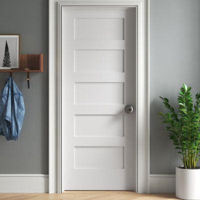 This Standard Door will enhance the warmth and beauty of any home. Our clean lines provide a sleek look and will make a memorable impression on your home's interior. New or old, our shaker panel doors will enhance any home. | Trimlite Paneled Wood Primed Equal Interior Shaker Standard Door Wood in Brown/Green, Size 80.0 H x 18.0 W in | Wayfair Interior Shaker Doors, Transitional Farmhouse, Craftsman Door, Craftsman Interior, Door Casing, Brushed Chrome, Cottage In The Woods, House Doors, Brain Dump