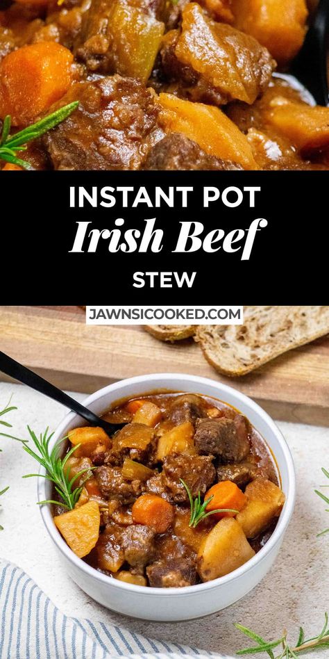 This easy and amazingly flavorful Irish Beef Stew Instant Pot recipe combines flavorful browned chuck roast, hearty root veggies with the flavors of wine, beer, and fresh herbs for the ultimate winter comfort food! Beef Stew Easy, Beef Stew Instant Pot, Instant Pot Beef Stew Recipe, Stew Easy, Irish Stew Recipe, Guinness Stew, Irish Beef Stew, Easy Pressure Cooker Recipes, Pressure Cooker Recipe