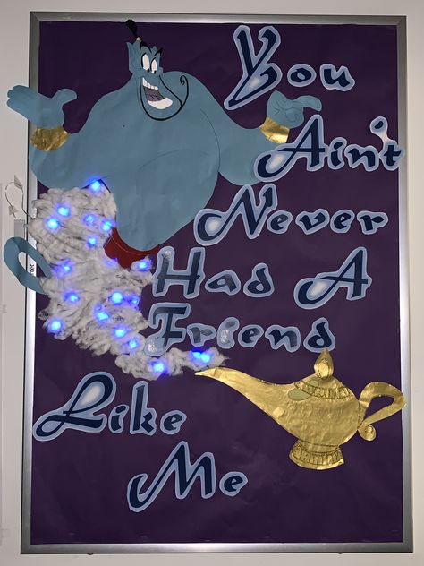 Aladdin themed bulletin board with genie and lamp. Disney Concert Decorations, Aladdin Bulletin Board, Aladdin Classroom Theme, Little Mermaid Classroom Theme, Disney Themed Classroom Doors, Disney Hallway Decorations, Disney Bulletin Board Ideas, Homecoming Date Ideas, Disney Hallway