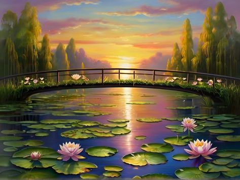 Water lilies sunset art - Fine art Golden Hour Sky, Art Knowledge, Saraswati Puja, Fantasy Rooms, The Golden Hour, Landscape Art Painting, Ocean Sunset, Sunset Art, Seascape Paintings