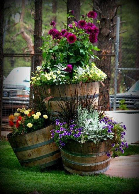 25 Clever DIY ideas to reuse old wine barrels in garden and yard decoration Barrel Garden Ideas, Wine Barrel Garden, Barrel Flowers, Whiskey Barrel Planter, Wine Barrel Planter, Barrel Ideas, Barrel Decor, Barrel Planter, Front Yard Design