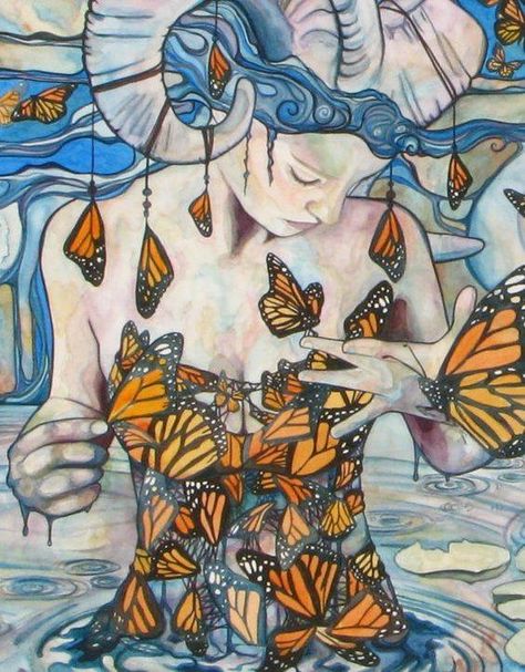 Woman & Butterflies art Tamara Phillips, Watercolour Canvas, Surreal Painting, Art Papillon, Surrealism Painting, Art Et Illustration, Feminist Art, Watercolor Canvas, Painting Lessons