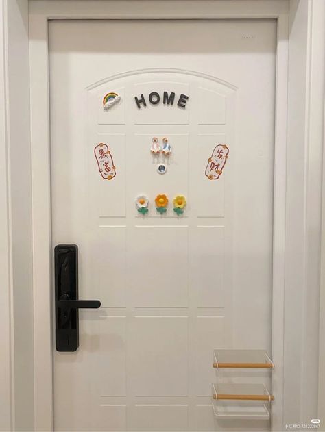 Door Room Aesthetic, Apartment Door Aesthetic, Stickers On Door Aesthetic, Aesthetic Room Door, Door Decorations Bedroom Aesthetic, Door Decorations Aesthetic, Chinese Room Aesthetic, Korean House Aesthetic, Door Room Ideas