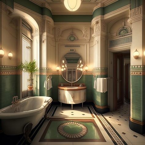 Art Nouveau Study, Bathroom Art Nouveau, Art Nouveau Interior Design Bedrooms, Art Nouveau Mansion, Fantasy Bathroom Concept Art, Art Nouveau Bathroom Ideas, Art Nouveau Cottage, Thierry Lechanteur, Art Nouveau Apartment