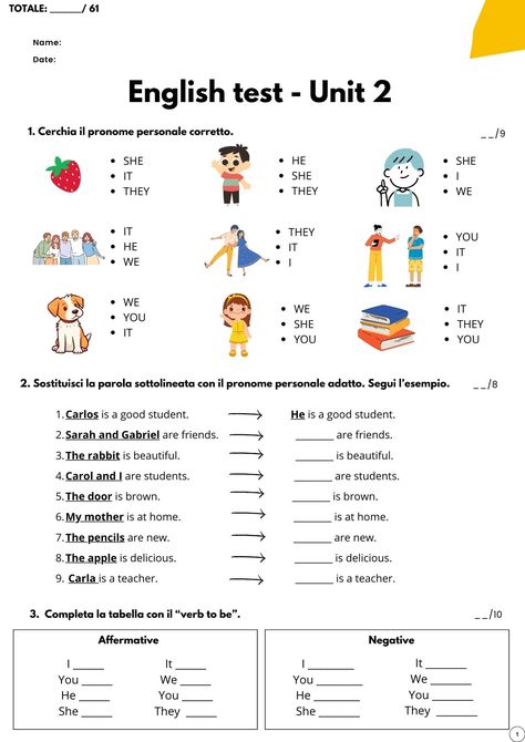 Verifica inglese Unit 2 - Pronomi personali e verbo essere Verb To Be, English Test, Good Student, The Unit