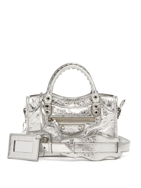 Balanciaga Bag, Balenciaga Mini Bag, Metallic Leather Bag, Balenciaga Classic City, Fancy Bags, Balenciaga Bag, Bags Shop, City Bag, Silver Shoes