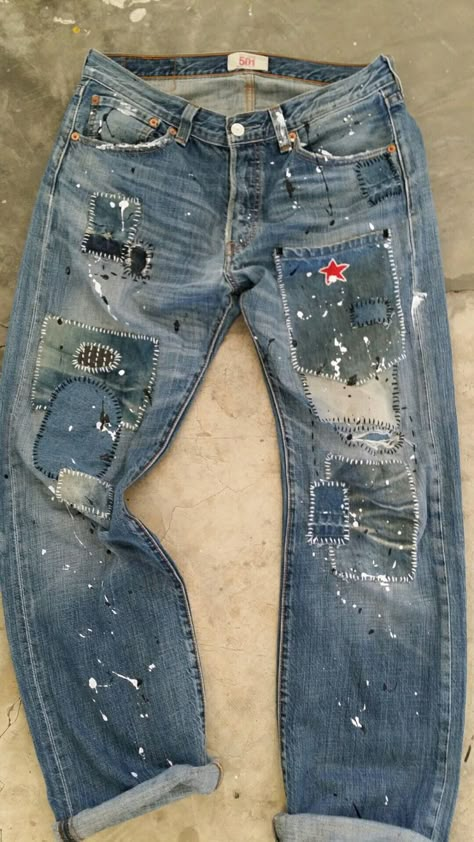 Diy Jeans Upcycle, Jean Jacket Design, Mens Sweat Suits, Jeans Upcycle, Clothes Upcycle, Patched Denim, Patched Denim Jeans, Denim Repair, Upcycle Clothes Diy