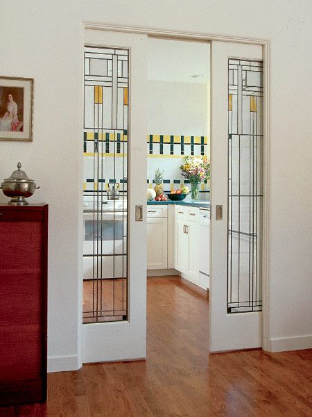 The design of these beautiful #pocketdoors echo the kitchen's #Craftsman-style tiles  | Photo: Roger Hardy | myhomeideas.com Craftsman Style Kitchen, Glass Pocket Doors, Stained Glass Door, Craftsman Style Home, Craftsman Style Homes, Craftsman Bungalows, Room Doors, Style At Home, Craftsman House