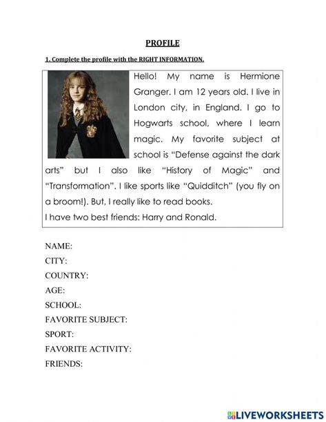 Harry Potter Writing Activities, Harry Potter English Lesson, Unseen Passage In English Class 4, Harry Potter English, English Passage Comprehension, Movie Worksheet, Classe Harry Potter, Study English Language, Learn Magic