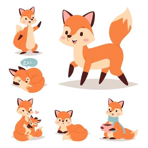 Premium Vector | Fox cute adorable character doing different activities Fox Poses, Hand Drawn Fox, Fox Character, Retail Logo, Winter Animals, Picture Illustration, Funny Happy, Cute Fox, Animal Fashion