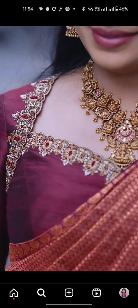 Pearl Maggam Work Blouse Designs Latest, Golden Blouse Embroidery Designs, Trendy Maggam Work Blouse Designs, Anu Designs And Fashions, Bridal Maggam Work Blouses, Plain Saree With Designer Blouse, Long Frok, Maggam Designs, Silk Saree Blouse Designs Patterns