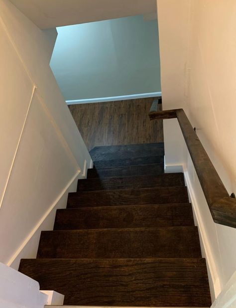 Custom staircase complete! Last photo is the before pic. What a job! Coffee stain oak treads with white risers. #finishcarpentry #stairs #oak #custom #handrail #handmade #dhlandpros #staircase #contractor #builder #aesthetic #sea #pnw Builder Aesthetic, Custom Staircase, Aesthetic Sea, Finish Carpentry, Coffee Stain, Coffee Staining, Stairs, Stain, Coffee