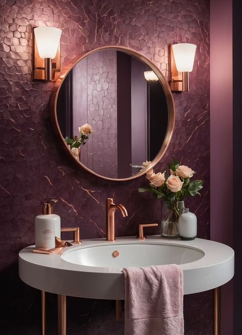 Immerse yourself in this uniquely styled bathroom where vintage allure meets modern elegance! The soft, dusty pink tiles create a warm backdrop, beautifully contrasted by the luxurious golden faucet and accessories that add a touch of opulence. The sleek mirror reflects not only light but also the charm of this inviting space. Perfect for unwinding after a long day, this bathroom is a delightful blend of comfort and sophistication. #BathroomGoals #ChicDecor #GlamourousSpaces Mauve And Blue Bathroom, Mulberry Bathroom, Dusty Pink Bathroom, Mauve Bathroom, Plum Bathroom, Styled Bathroom, Bathroom 2024, Copper Bathroom, Bathroom Oasis