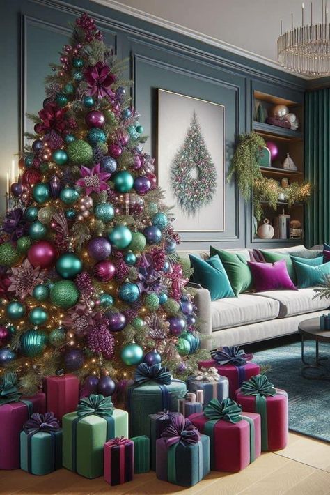 Multicolor Christmas Tree Decorations, Jewel Toned Christmas, Christmas Tree Ideas Elegant, Professional Christmas Tree, Trendy Christmas Trees, Christmas Tree Color Schemes, Purple Christmas Tree Decorations, Christmas Tree Traditional, Tree Decorating Tips