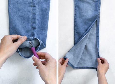 DIY Bell Bottom Jeans Diy Bell Bottoms Jeans, How To Make Straight Leg Jeans Into Bell Bottoms, How To Make Bell Bottoms Out Of Jeans, Making Jeans Into Bell Bottoms, Add Bell Bottoms To Pants, Bell Bottom Jeans With Fabric Insert, Diy Flares Bell Bottoms, Diy Bellbottom Jean, How To Sew Bell Bottom Pants