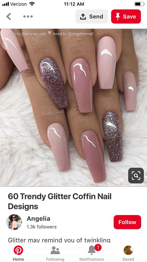 Coffin Design, Coffin Nails Ombre, Nail Design Glitter, Nails With Glitter, Mauve Nails, Unghie Sfumate, Pink Glitter Nails, Coffin Nails Long, Ballerina Nails