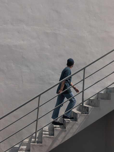 Mens Stairs Pose, Men Stairs Photography, Men Stairs Poses, Climbing Stairs Reference, Person Going Up Stairs, Walking Down Stairs Reference, Walking Up Stairs Reference, Person Sitting On Stairs, Staircase Shoot