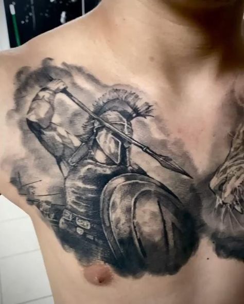 Gladiator Tattoos, Mountain Sleeve Tattoo, Sparta Tattoo, Lion Chest Tattoo, Cover Up Tattoos For Men, Gladiator Tattoo, Spartan Tattoo, Medieval Tattoo, Native Tattoos