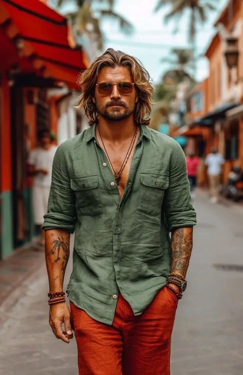 Discover 21 Stylish Bohemian Outfits for Men in 2024: From Casual to Formal Looks, Beach Vibes to Party Attire - GentsOsprey Men’s Bohemian Style, Men Hippie Outfits, Bohemian Outfits For Men, Earthy Mens Fashion, Bohemian Mens Fashion, Mens Boho Fashion, Cowboy Outfits For Men, Mens Fahsion, Military Style Outfits