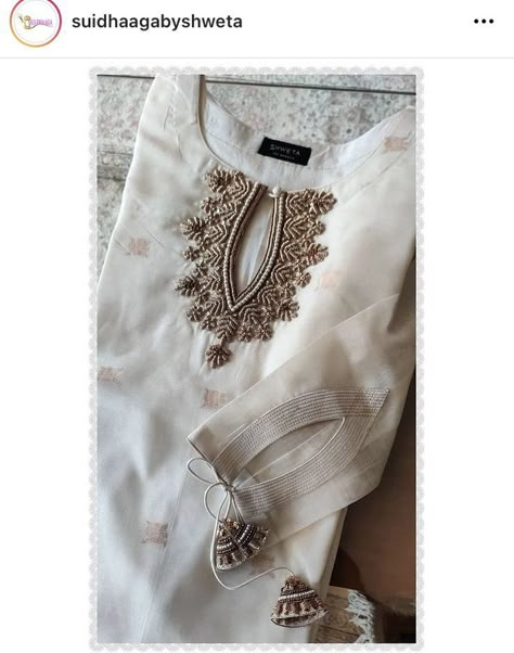 Hand Work Kurta Designs Women, Sleeves Work Design For Kurtis, Zardozi Embroidery Designs Pattern Kurti, Anarkali Neck Embroidery Designs, Kurta Work Designs Women, Zardozi Neck Design, Sleeves Embroidery Design Pakistani, Embroidery Kurtas Woman, Zardozi Embroidery Neck Designs