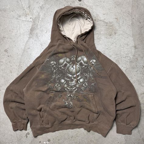 vintage y2k hybrid brown skull grunge baggy hoodie... - Depop Y2k Mens, Grunge Baggy, Baggy Hoodie, Clothing Items, Vintage Y2k, Clothes