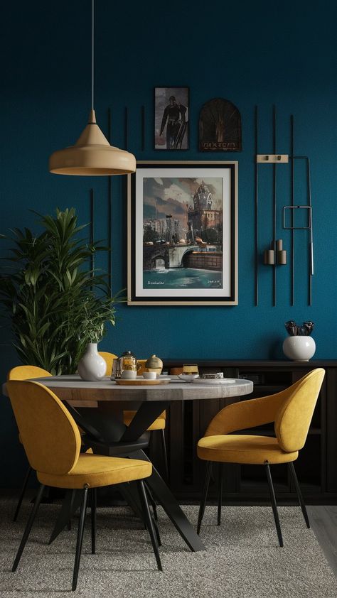 Dive into this stunning dining nook where vibrant yellow chairs pop against deep blue walls, creating a striking visual delight! The round wooden table invites intimate gatherings, perfect for brunches or cozy dinners. Accented with playful decor—think colorful artwork and golden lighting fixtures—this space balances warmth and modern elegance. Let this chic setup inspire your own home decor adventures, proving that bold choices can lead to beautiful results! Colorful Dining Room Ideas, Colorful Dining Room, Modern Dining Room Ideas, Round Wooden Table, Contemporary Dining Room Design, Yellow Chairs, Flexible Furniture, Dining Room Design Modern, Round Dining Room Table