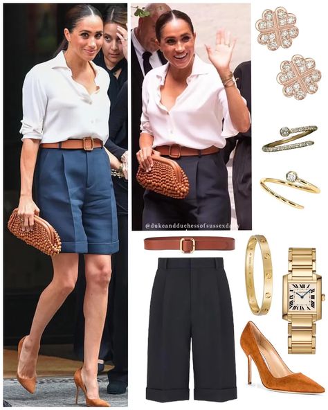 Ralph Lauren Belt Outfit, Meghan Markle 2022, Bermuda Shorts Outfit Women, Bermuda Shorts Outfit Summer, Blue Shorts Outfit, Cartier Tank Watch, Summer Business Outfits, Bermuda Shorts Outfit, Navy Blue Pumps